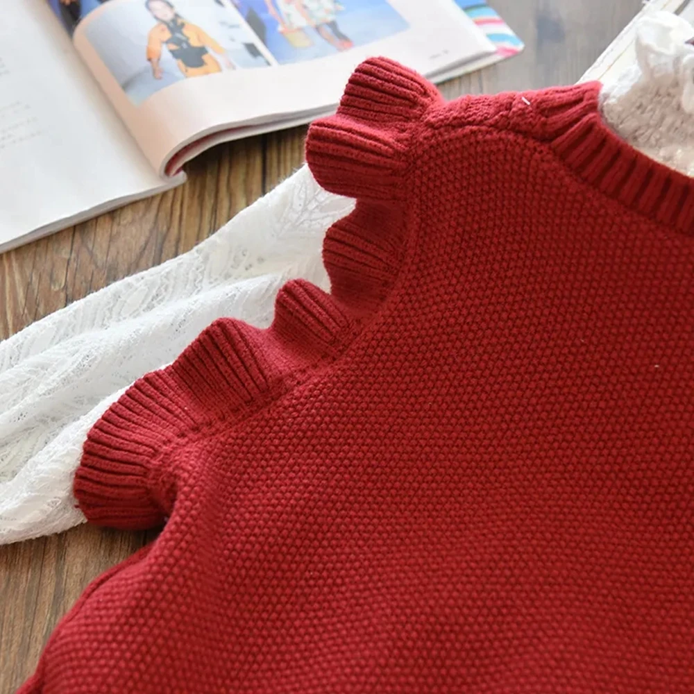 3-12 gadiem meitenes kintted džemperi, vestes, lai meitene ruffles o kakla piedurknēm jaka meitenēm toddler sarkans smilškrāsas virsdrēbes \ Meiteņu Apģērbs > www.alaverdi.lv